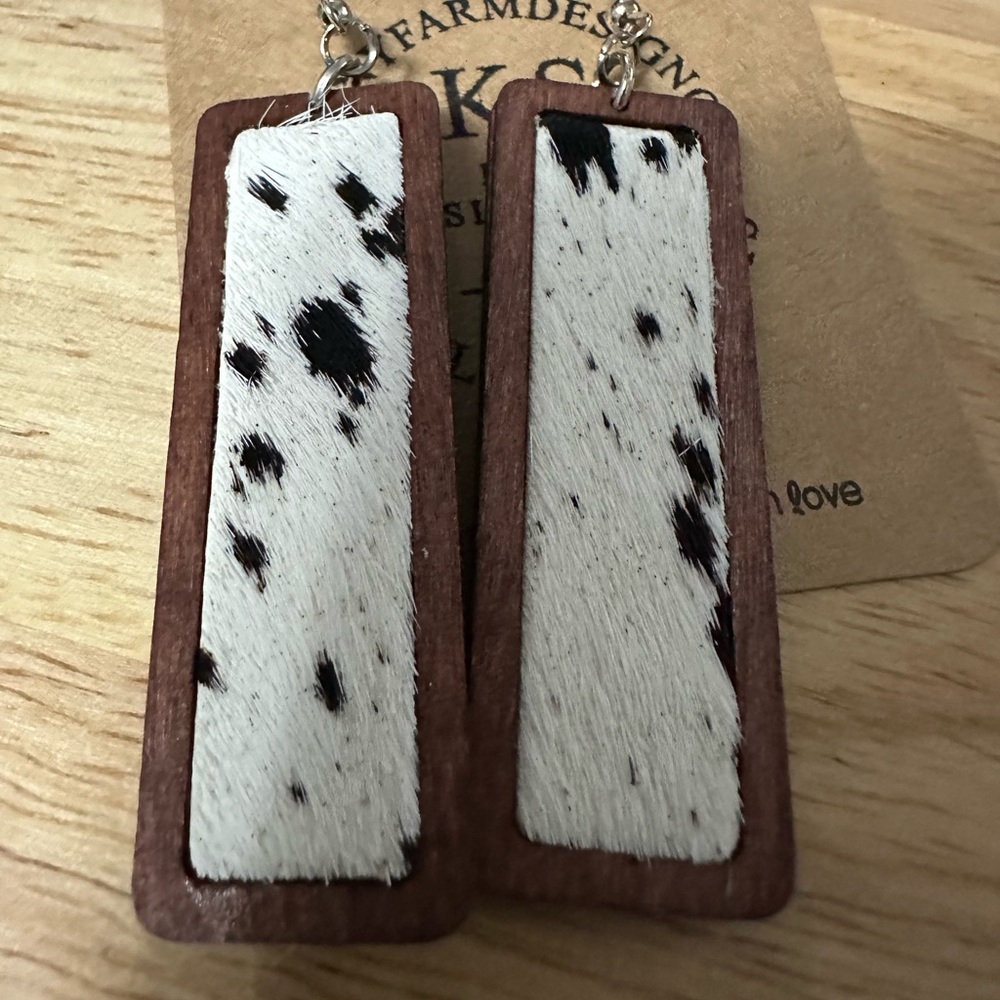 Wood & faux leather cow print rectangle earrings
